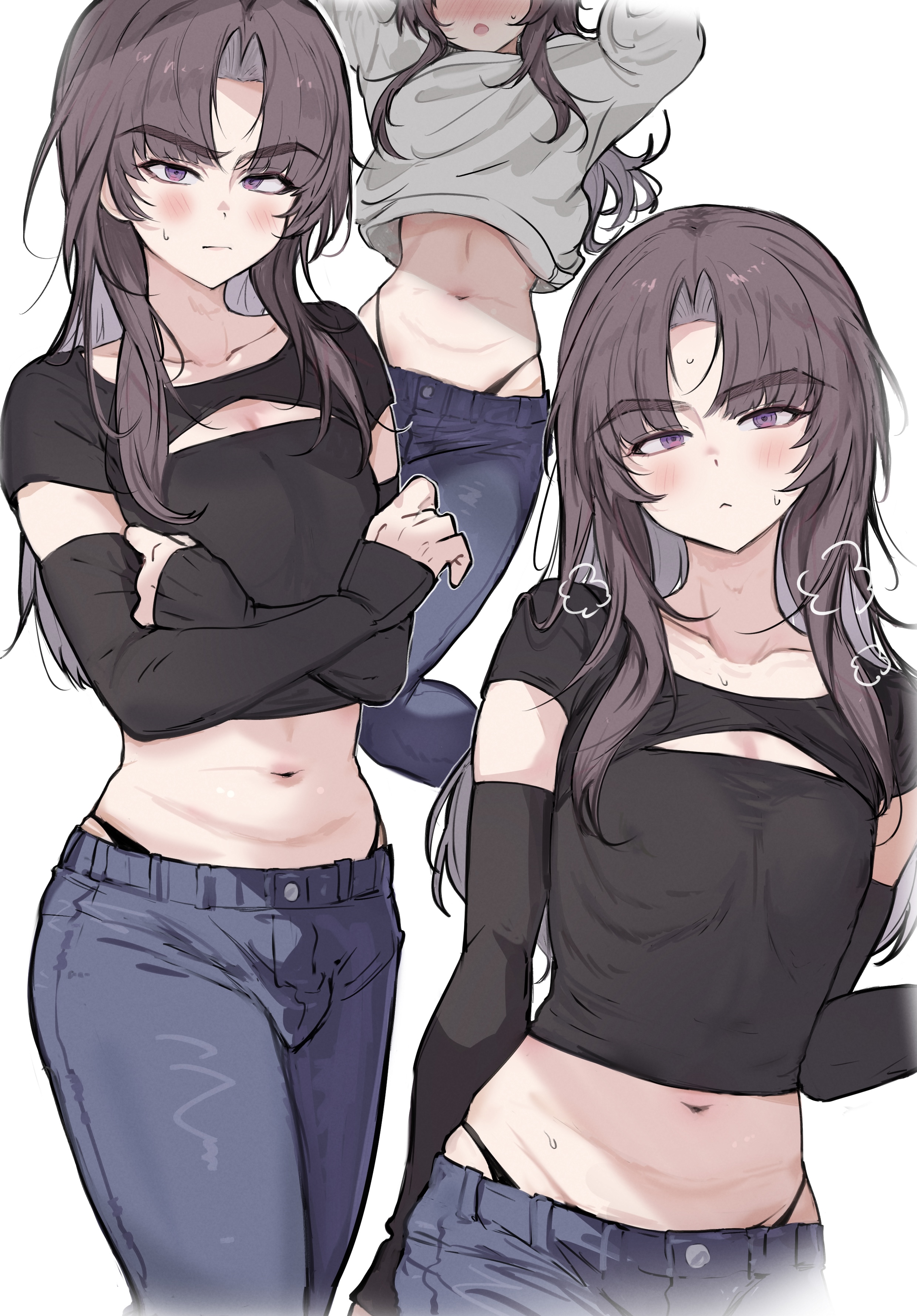 imamiya pinoko, ayase ayato (imamiya pinoko), original, absurdres, highres, 1boy, arm warmers, blush, brown hair, crossdressing, crossdressing (mtf), denim, highleg, highleg panties, jeans, long hair, midriff, navel, panties, pants, panty peek, purple eyes, stomach, sweat, thick eyebrows, trap, underwear, white background