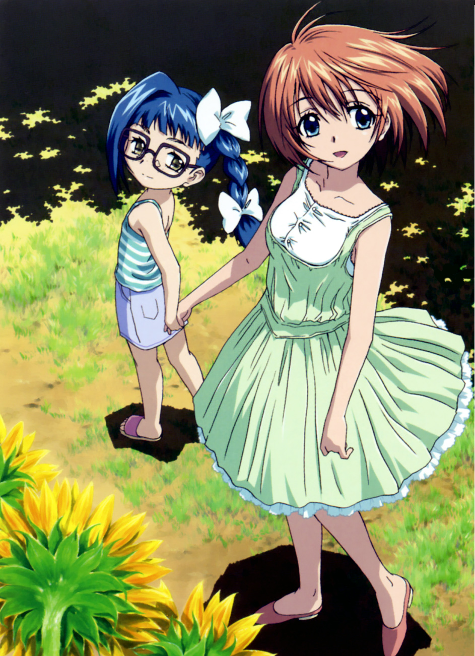 iokawa karada, nogami shouko, asatte no houkou, highres, 00s, 2girls, aged up, blue eyes, blue hair, flower, glasses, holding another's hand, holding hands, multiple girls, open mouth, outdoors, red hair, sandals, shoes, standing