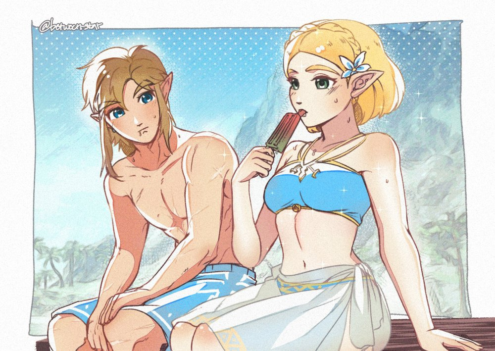 wildstar69, link, princess zelda, nintendo, the legend of zelda, the legend of zelda: tears of the kingdom, commentary, english commentary, 1boy, 1girl, adapted costume, arm support, artist name, bikini, blonde hair, blue bikini, blue eyes, blue flower, blue male swimwear, blue shorts, blue sky, border, braid, breasts, crown braid, flower, food, green eyes, hair flower, hair ornament, holding, holding food, holding popsicle, licking, male swimwear, medium breasts, navel, popsicle, sarong, short hair, shorts, silent princess, sitting, sky, swimsuit, topless male, white border, white sarong