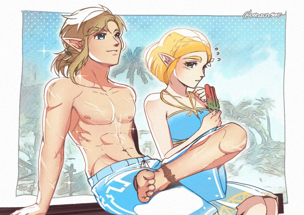 wildstar69, link, princess zelda, nintendo, the legend of zelda, the legend of zelda: tears of the kingdom, commentary, english commentary, 1boy, 1girl, adapted costume, arm support, artist name, bikini, blonde hair, blue bikini, blue eyes, blue flower, blue male swimwear, blue shorts, blue sky, border, braid, breasts, crown braid, flower, food, green eyes, hair flower, hair ornament, holding, holding food, holding popsicle, licking, male focus, male swimwear, medium breasts, navel, popsicle, sarong, short hair, shorts, silent princess, sitting, sky, swimsuit, topless male, white border, white sarong