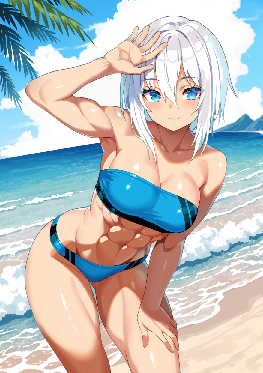 murata taichi, original, highres, 1girl, abs, arms up, beach, biceps, blue eyes, breasts, crop top, hair between eyes, hand on own thigh, large breasts, leaning forward, long sidelocks, medium hair, muscular, muscular female, ocean, sidelocks, smile, solo, swimsuit, toned, toned female, white hair