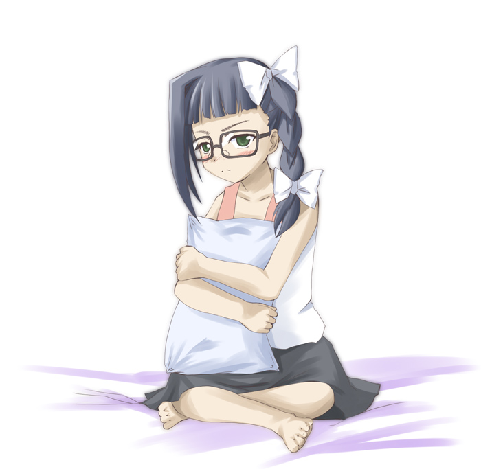nogami shouko, asatte no houkou, 00s, 1girl, aged down, artistic error, bad anatomy, bad feet, black hair, blush, bow, female focus, glasses, green eyes, hair bow, hugging object, pillow, pillow hug, poorly drawn, simple background, sitting, skirt, solo
