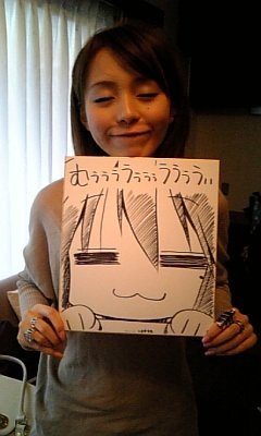hirano aya, izumi konata, lucky star, real life, lowres, photo (medium), 00s, 1girl, :3, = =, asian, closed eyes, female focus, indoors, mole, mole under eye, monochrome, sketch, solo, voice actor