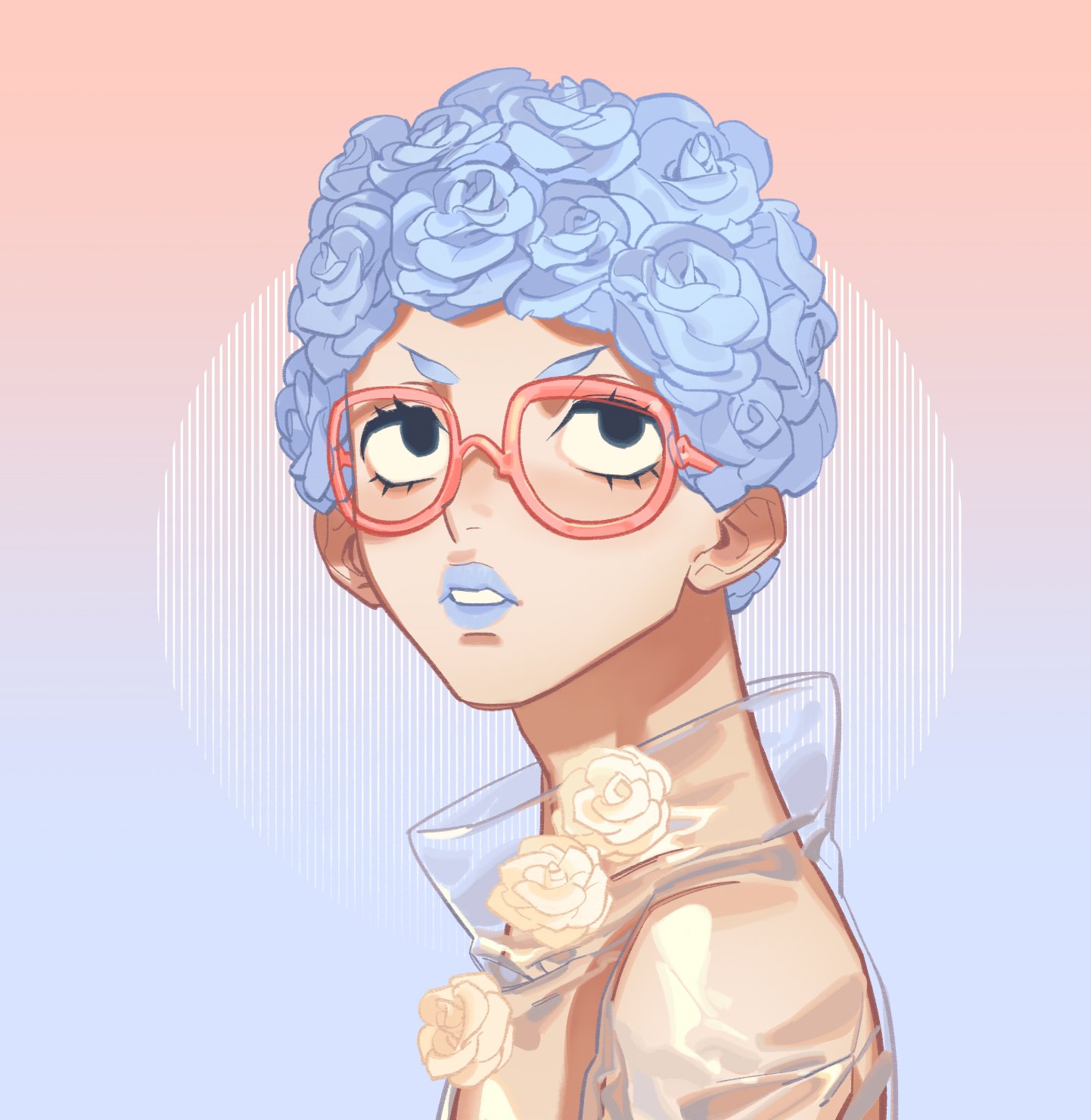 allhailjotman, ghiaccio, jojo no kimyou na bouken, vento aureo, highres, 1boy, alternate costume, blue flower, blue lips, blue rose, flower, glasses, hair flower, hair ornament, lipstick, makeup, rose, see-through clothes, white flower, white rose