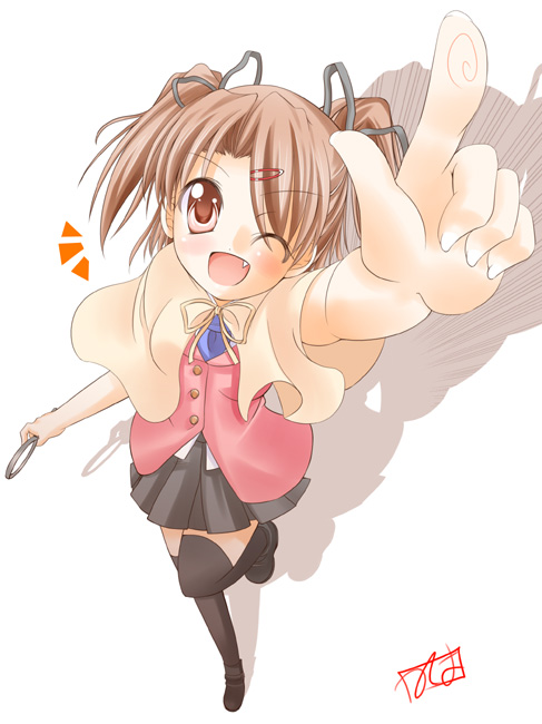 tsukuyo (artist), yotsuba (sister princess), sister princess, 00s, 1girl, fang, female focus, one eye closed, solo, thighhighs, wink