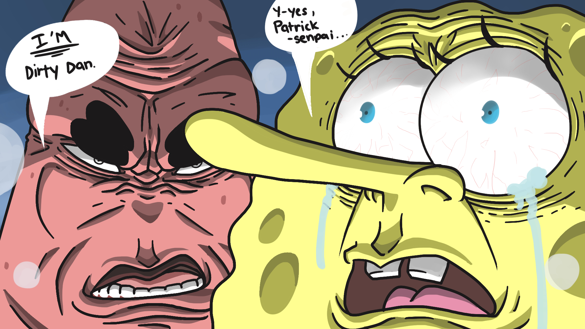 patrick star, spongebob squarepants, nickelodeon, spongebob squarepants (series), highres, 2boys, close-up, colored skin, crying, english text, meme, multiple boys, narmak, pink skin, speech bubble, sponge, starfish, tears, thick eyebrows, toon (style), yellow skin