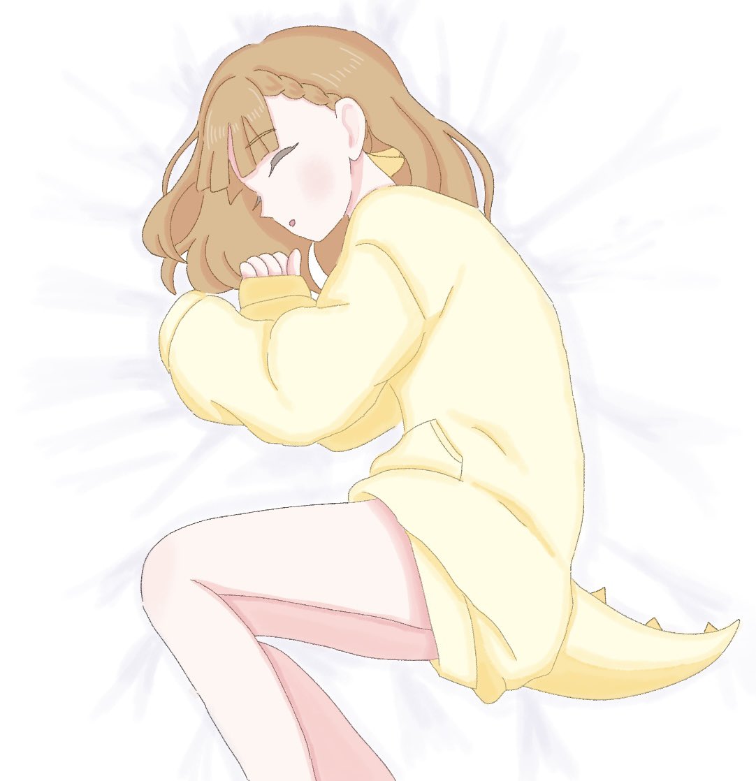 kachimachi kosuzu, link! like! love live!, love live!, commentary request, 1girl, bow, braid, brown hair, center-flap bangs, closed eyes, dinosaur tail, fake tail, feet out of frame, hair bow, hood, hoodie, kachimachi kosuzu (sega lucky lottery sleepwear), long hair, long sleeves, lying, niki py mari, official alternate costume, on bed, on side, parted lips, pocket, side braids, sleeping, sleeves past wrists, solo, tail, virtual youtuber, white background, yellow bow, yellow hoodie