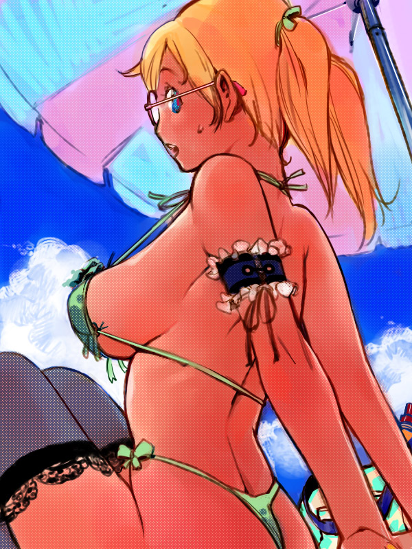 igarashi mangou, original, 1girl, back, bikini, blonde hair, blue eyes, breasts, day, female focus, glasses, large breasts, lingerie, panties, parasol, sideboob, solo, swimsuit, thighhighs, thong, thong bikini, twintails, umbrella, underwear