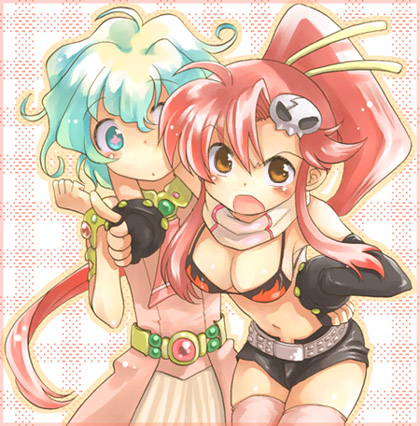 hinata nonoka, nonoka, nia teppelin, yoko littner, tengen toppa gurren lagann, pink legwear, lowres, + +, 00s, 2girls, belt, bikini, bikini top only, black gloves, blush, breasts, cleavage, cowboy shot, cross-shaped pupils, fingerless gloves, gloves, green eyes, green hair, hair ornament, large breasts, long hair, looking at viewer, multiple girls, navel, open mouth, orange eyes, pointing, ponytail, red hair, short hair, short shorts, shorts, skull hair ornament, swimsuit, symbol-shaped pupils, thighhighs