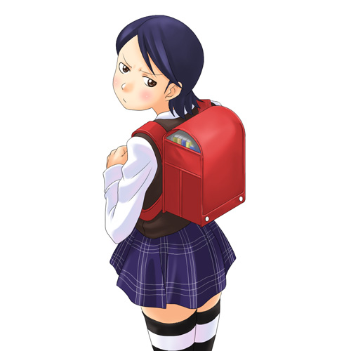 toshifumi, yamaguchi mami, maria-sama ga miteru, lowres, 00s, 1girl, backpack, bag, female focus, plaid clothes, plaid skirt, randoseru, skirt, solo, striped clothes, striped thighhighs, thighhighs