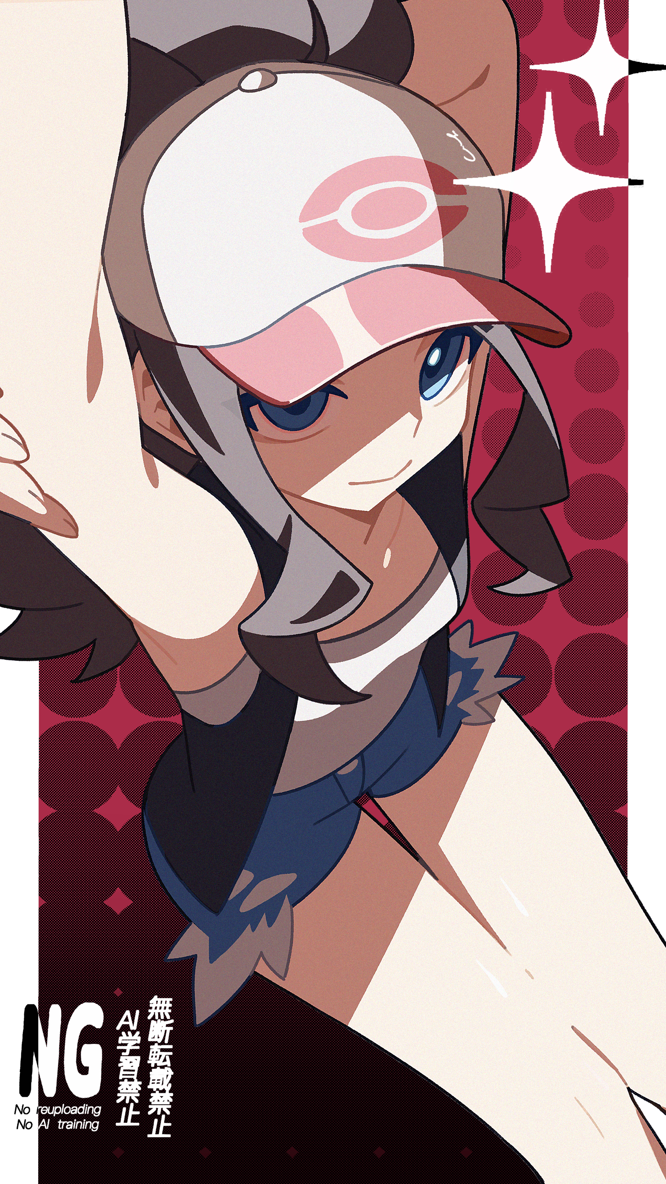 ame akira, hilda (pokemon), nintendo, pokemon, pokemon bw, absurdres, highres, 1girl, arms up, baseball cap, black vest, blue eyes, brown hair, denim, denim shorts, exposed pocket, from above, hat, high ponytail, open clothes, open vest, ponytail, shorts, solo, thighs, vest, watermark