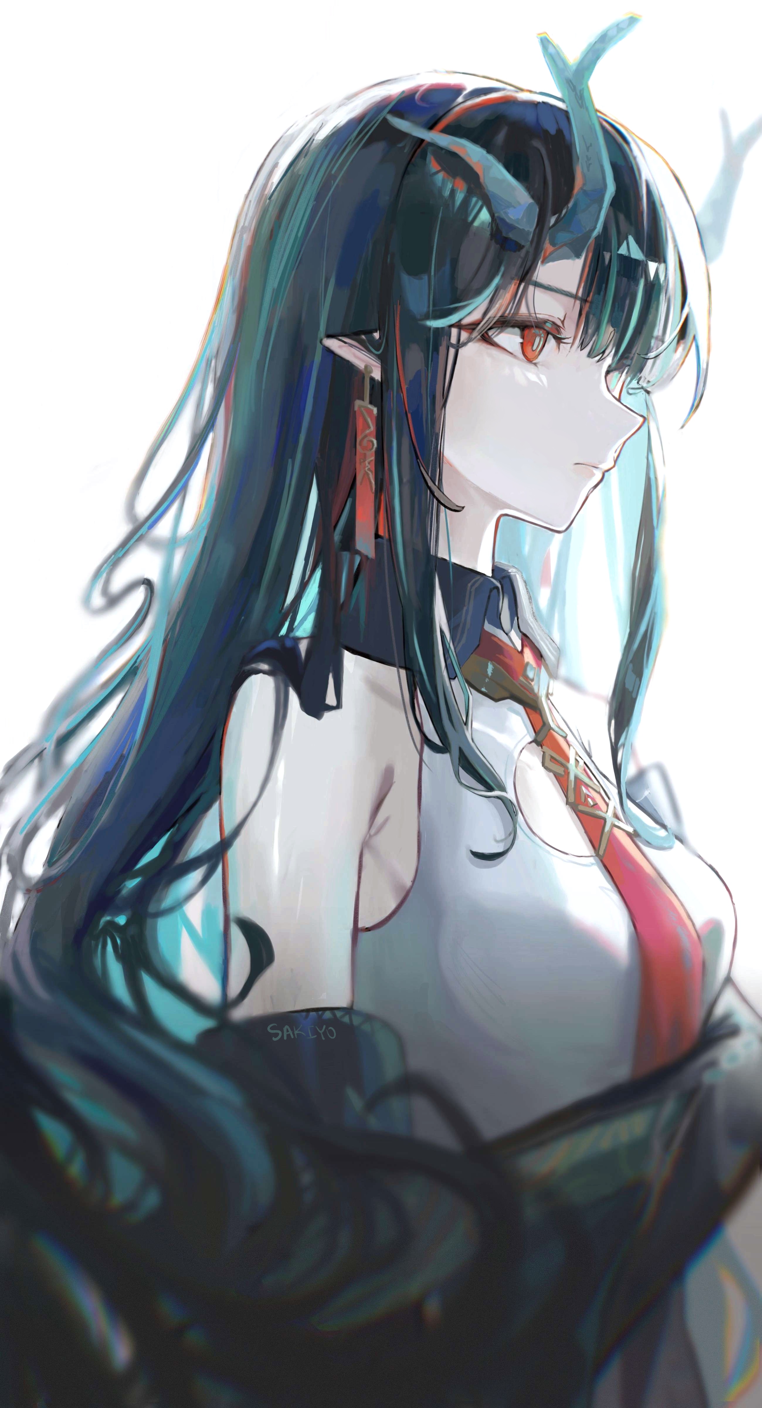 sakiyo, dusk (arknights), arknights, absurdres, commentary request, highres, 1girl, aqua hair, aqua horns, artist name, bare shoulders, black coat, black collar, black hair, closed mouth, coat, collar, collared dress, dragon girl, dress, earrings, eastern dragon horns, hair between eyes, horns, jewelry, long hair, long sidelocks, looking to the side, multicolored hair, necktie, off shoulder, pointy ears, red eyes, red necktie, sidelocks, simple background, sleeveless, sleeveless dress, solo, two-tone hair, upper body, white background, white dress
