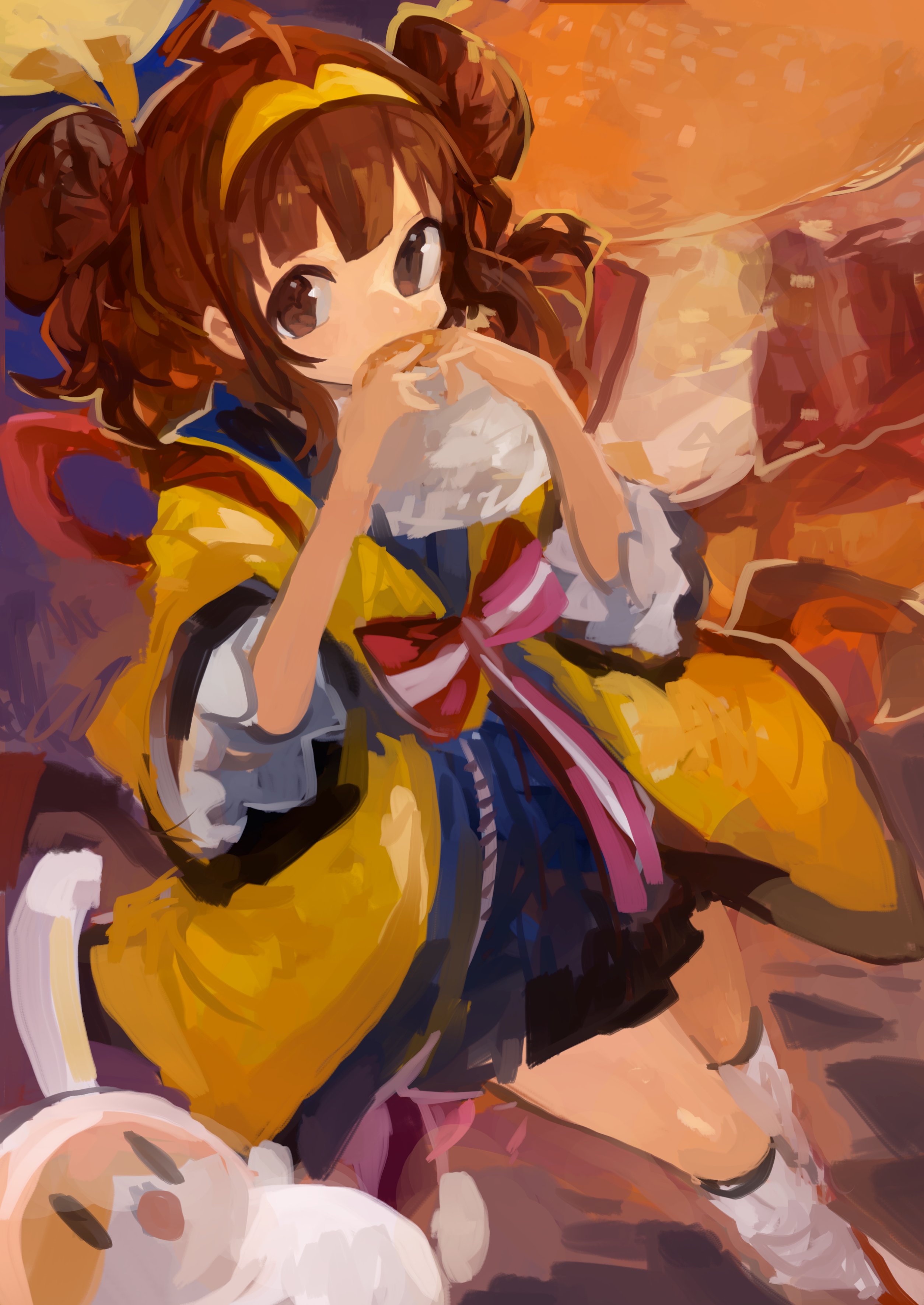 kaamin (mariarose753), mcdonald's, absurdres, commentary request, highres, 1girl, ahoge, animal, brown eyes, brown hair, burger, double bun, eating, food, hair bun, hairband, holding, holding food, imadake tsukimi tabemi, japanese clothes, looking at viewer, moon, rabbit, solo, yellow hairband, yellow happi