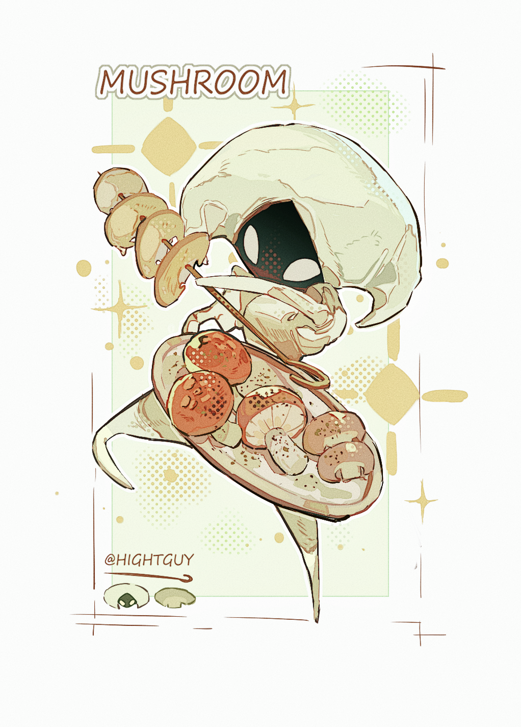 hightguy, lace (hollow knight), hollow knight, commentary, highres, symbol-only commentary, 1girl, artist name, bodysuit, border, film grain, from above, full body, green background, halftone, halftone background, holding, holding tray, horns, legs apart, looking at viewer, mushroom, no mouth, outline, outside border, pin (hollow knight), simple background, solo, sparkle, standing, tray, white bodysuit, white border, white outline