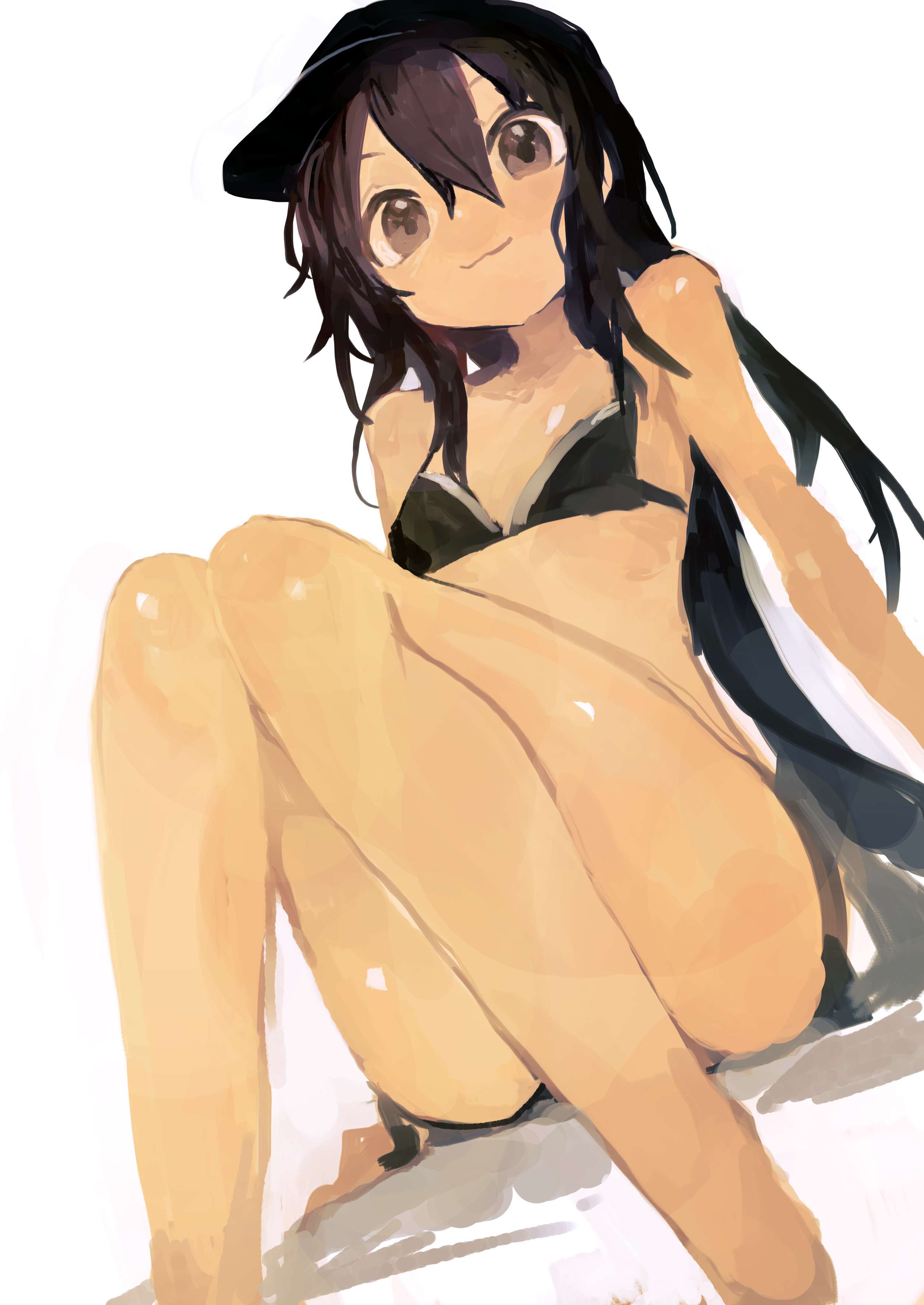 kaamin (mariarose753), akatsuki (kancolle), kantai collection, absurdres, commentary, highres, 1girl, bare legs, bikini, black bikini, black hair, black hat, breasts, closed mouth, grey eyes, hair between eyes, hat, long hair, simple background, sitting, small breasts, solo, swimsuit, very long hair, white background