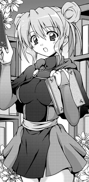 kanmu ryou, original, 1girl, book, bridal gauntlets, capelet, cowboy shot, double bun, female focus, flower, greyscale, hair bun, indoors, library, looking at viewer, monochrome, open mouth, sash, skirt, solo
