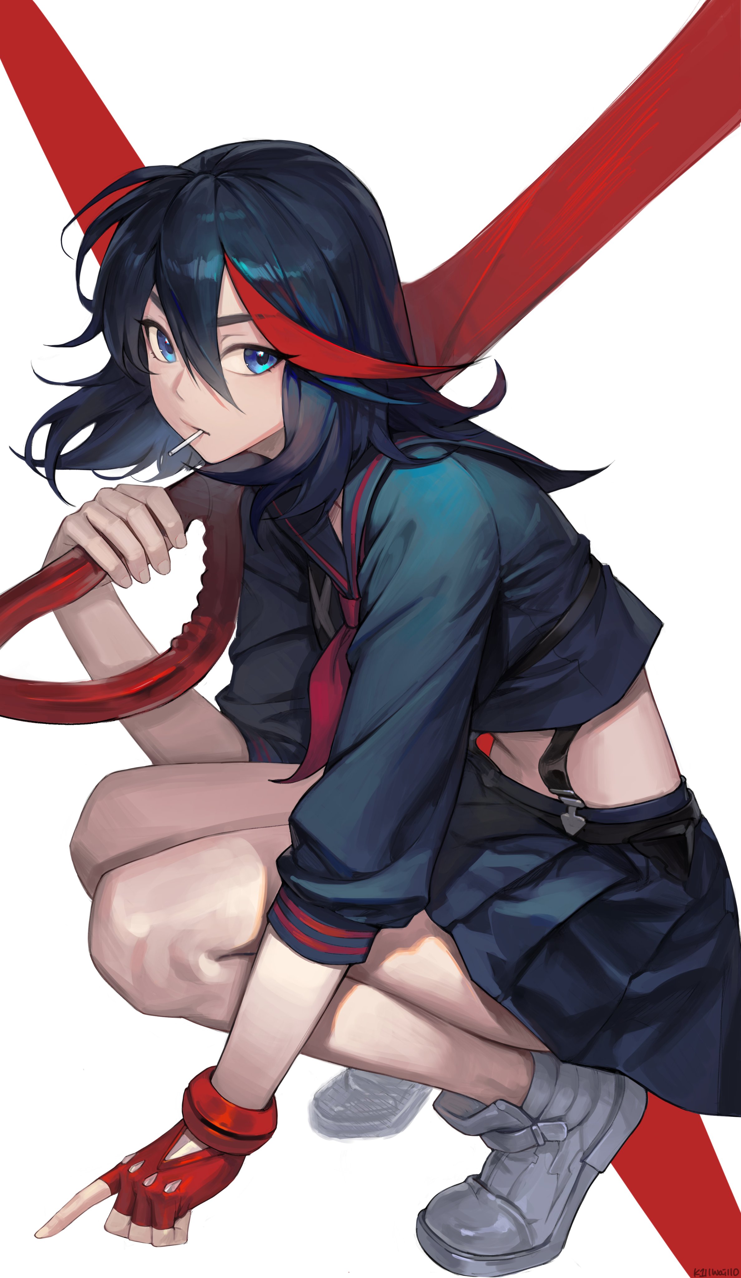 potatohell, matoi ryuuko, kill la kill, absurdres, commentary, hashtag-only commentary, highres, 1girl, artist name, black hair, black serafuku, black skirt, black suspenders, blue eyes, closed mouth, eyelashes, fingerless gloves, fingernails, full body, gloves, hair between eyes, holding, holding sword, holding weapon, lollipop in mouth, looking at viewer, medium hair, midriff, multicolored hair, neckerchief, over shoulder, pleated skirt, red gloves, red neckerchief, red streaks, school uniform, scissor blade (kill la kill), serafuku, shoes, simple background, single fingerless glove, single glove, skirt, solo, squatting, sword, sword over shoulder, two-tone hair, weapon, weapon over shoulder, white background, white shoes