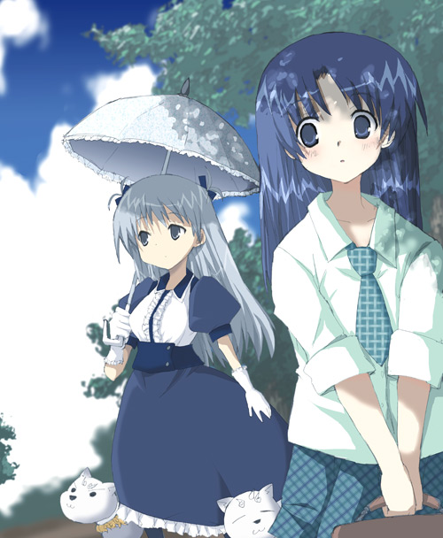 aki masanari, original, 2girls, bag, blue dress, blue eyes, blue hair, blue skirt, blush, bow, bowtie, cat, checkered bow, checkered bowtie, checkered clothes, checkered skirt, cloud, cloudy sky, day, dog, dress, frills, gloves, grey eyes, long hair, multiple girls, parasol, park, shirt, skirt, sky, umbrella, white shirt