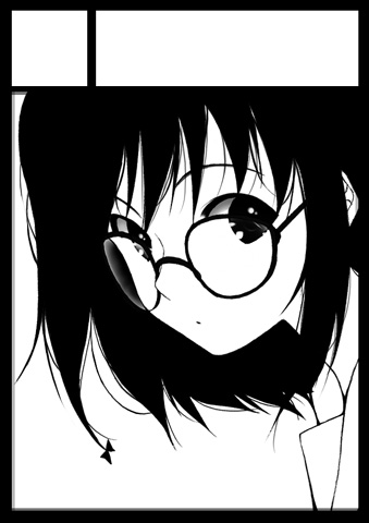 wakatsuki sana, original, lowres, 1girl, black border, border, circle cut, female focus, glasses, greyscale, monochrome, solo