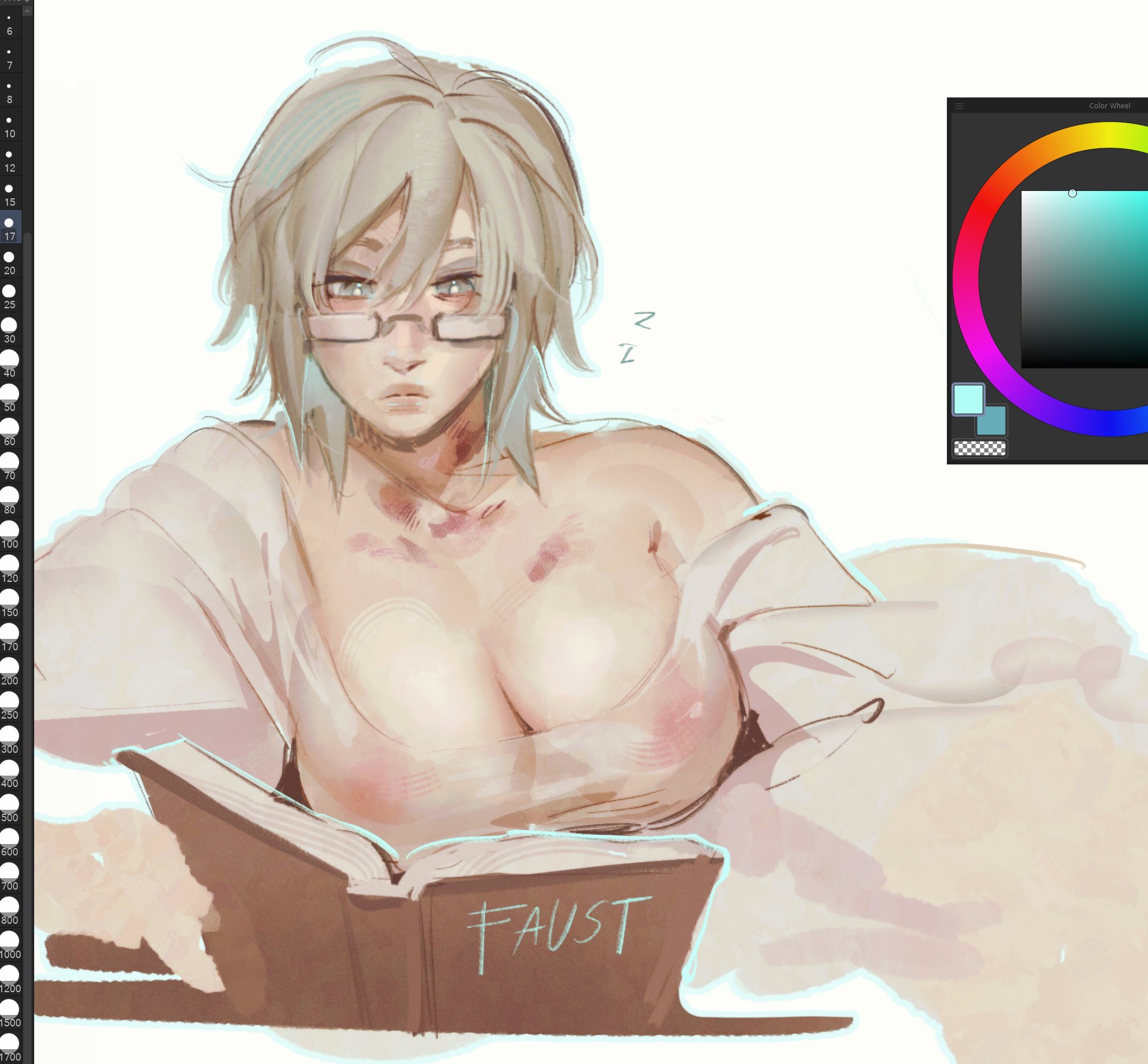 2400db, faust (project moon), limbus company, project moon, highres, 1girl, art program in frame, blonde hair, book, breasts, bright pupils, brown lips, bruise, bruise on neck, dress, glasses, grey eyes, hickey, injury, large breasts, light frown, lying, medium hair, no bra, on side, open book, reading, rectangular eyewear, see-through clothes, see-through dress, simple background, solo, white background, white dress, white pupils
