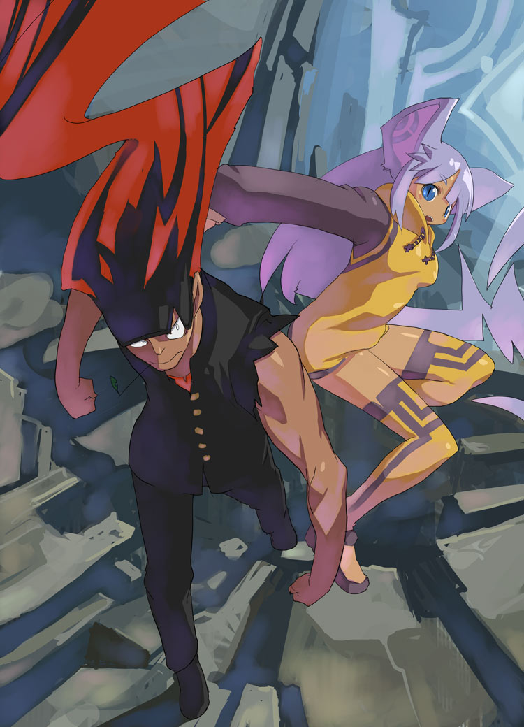 nouzui, original, black footwear, 1boy, 1girl, :d, animal ears, arms at sides, bare arms, bare shoulders, black hair, black pants, blue eyes, buttons, cat ears, clenched hands, closed mouth, dark skin, drawstring, fantasy, floating hair, gakuran, hood, hoodie, jacket, leg up, long hair, long sleeves, looking at viewer, looking to the side, looking up, mouth hold, multicolored hair, muscular, open mouth, outdoors, outstretched arm, pants, pantyhose, purple hair, red hair, red shirt, school uniform, serious, shiny clothes, shiny skin, shirt, shoes, sidelocks, slit pupils, smile, torn clothes, torn sleeves, two-tone hair, walking, white eyes, yellow jacket, yellow pantyhose