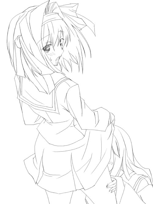 ribi, asahina mikuru, suzumiya haruhi, suzumiya haruhi no yuuutsu, 00s, 2girls, clothes lift, cunnilingus, female focus, greyscale, implied cunnilingus, monochrome, multiple girls, oral, school uniform, serafuku, skirt, skirt lift, standing, standing cunnilingus, white background, yuri