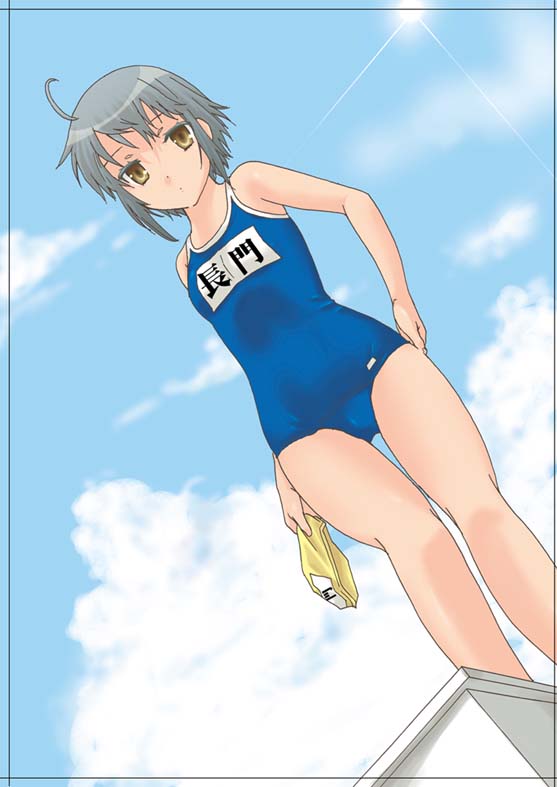 nagato yuki, suzumiya haruhi no yuuutsu, 00s, 1girl, female focus, name tag, one-piece swimsuit, school swimsuit, solo, swimsuit