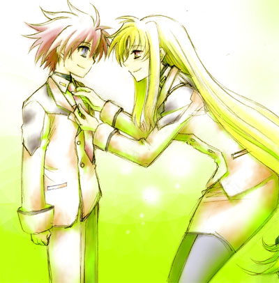 erio mondial, fate testarossa, lyrical nanoha, mahou shoujo lyrical nanoha, mahou shoujo lyrical nanoha strikers, lowres, 00s, 1boy, 1girl, arms at sides, black pantyhose, blonde hair, collared shirt, cowboy shot, green background, long hair, low-tied long hair, miniskirt, pantyhose, pencil skirt, shirt, skirt, standing, very long hair