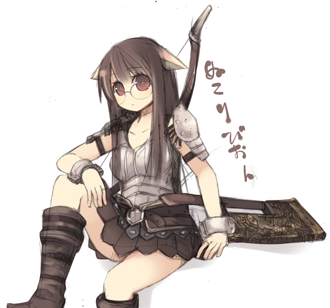 kashiwamochi yomogi, arima senne, original, the elder scrolls, the elder scrolls iv: oblivion, animal ears, armor, boots, bow (weapon), brown eyes, brown hair, cat ears, cuffs, glasses, long hair, solo, weapon