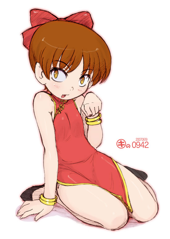 kei jiei, nekomusume, gegege no kitarou, toei company, 1girl, bow, china dress, chinese clothes, dated, dress, female focus, pink bow, red dress, sitting, sketch, solo, white background