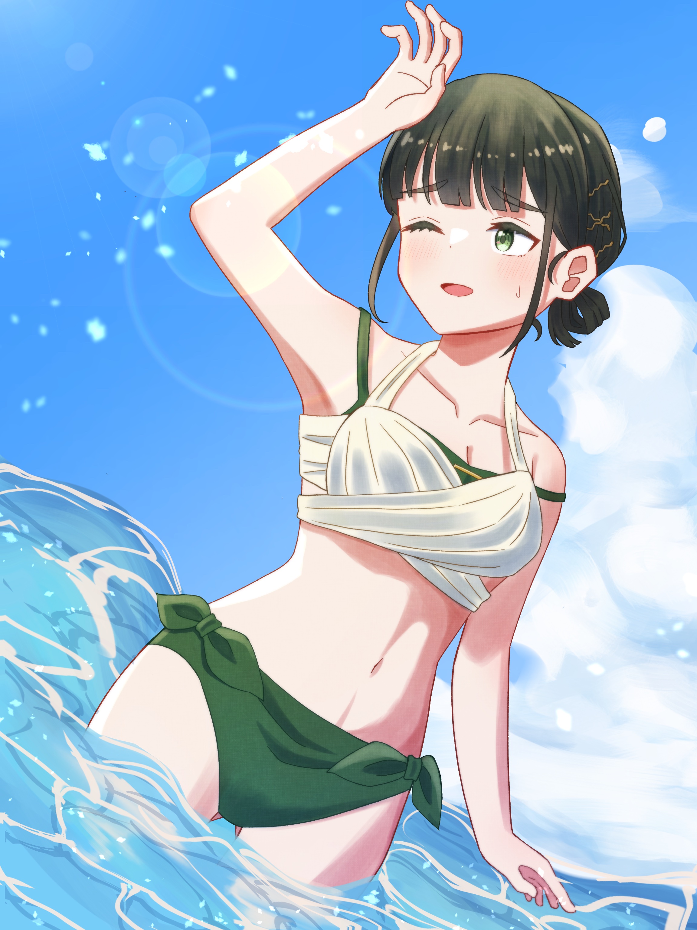 okome (okome l l), momose ginko, comiket 106, link! like! love live!, love live!, absurdres, commentary request, highres, 1girl, ;d, arm up, armpits, bare shoulders, bikini, blue sky, breasts, cleavage, cloud, collarbone, cowboy shot, day, green bikini, linea alba, looking to the side, medium breasts, momose ginko (c106 swimsuit), navel, ocean, official alternate costume, one eye closed, open mouth, outdoors, raised inner eyebrows, sky, smile, solo, stomach, swimsuit, virtual youtuber, wading, white bikini
