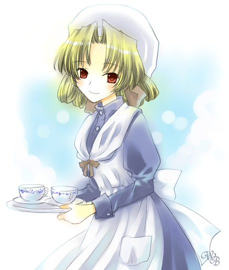 shima yukiwa, eliza lancaster, sapphism no gensou, 1girl, apron, blonde hair, cup, female focus, hat, iraiza lancaster, maid, maid apron, red eyes, smile, solo, teacup, tray