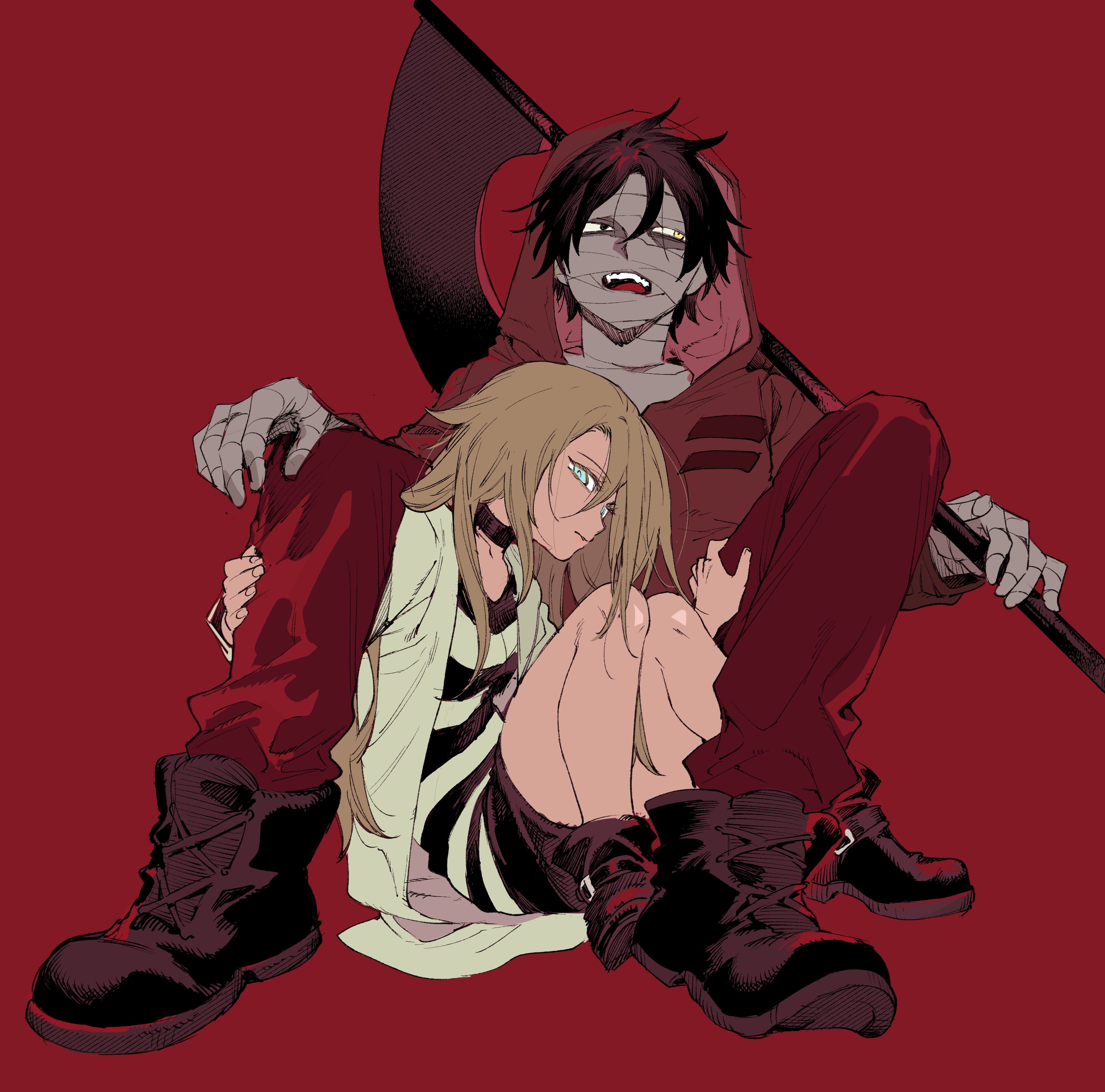 newo (shinra-p), isaac foster, rachel gardner, satsuriku no tenshi, absurdres, highres, 1boy, 1girl, bandaged head, bandages, between legs, black boots, black hair, blonde hair, blue eyes, boots, holding, holding scythe, hood, hood up, hoodie, long hair, looking at viewer, pants, red background, red hoodie, red pants, scythe, shirt, short hair, short shorts, shorts, simple background, sitting, striped clothes, striped shirt