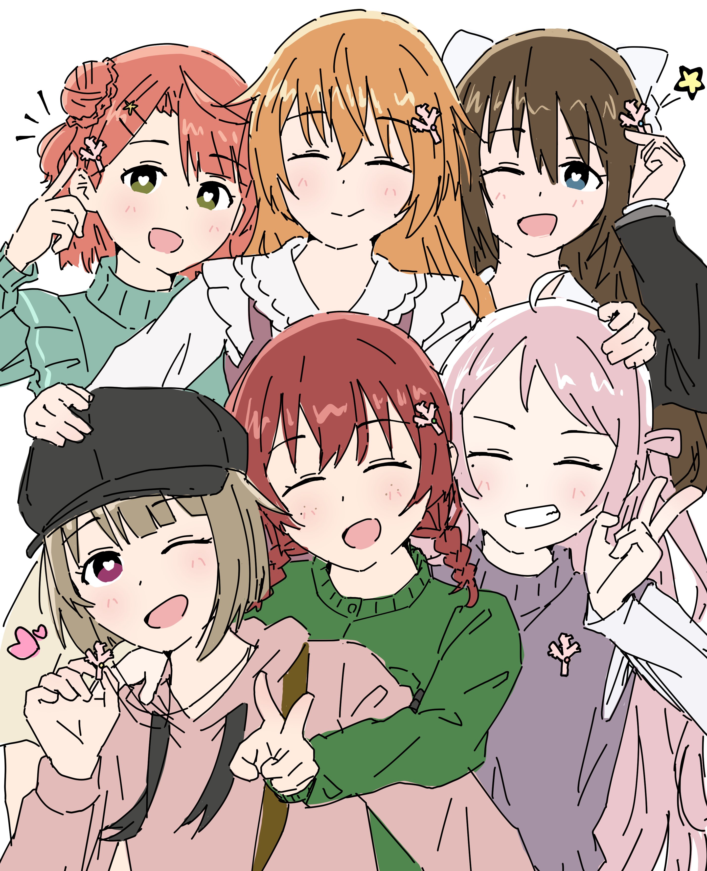 yozorapi, emma verde, konoe kanata, nakasu kasumi, osaka shizuku, uehara ayumu, zhong lanzhu, love live!, love live! nijigasaki high school idol club, love live! nijigasaki high school idol club the movie – finale, absurdres, commentary request, highres, 6+girls, :d, ;d, ^ ^, ahoge, black hat, blue eyes, bob cut, braid, brown hair, bun with braided base, cardigan, closed eyes, closed mouth, coral hair ornament, dress, green cardigan, green eyes, green sweater, grin, hair bun, hair ornament, hat, heart, heart-shaped pupils, hood, hoodie, inverted bob, jewelry, long hair, long sleeves, looking at viewer, low twin braids, medium hair, multiple girls, necklace, newsboy cap, notice lines, one eye closed, open mouth, pinafore dress, pink hair, pink hoodie, purple eyes, purple sweater vest, shirt, short hair, single side bun, sleeveless, sleeveless dress, smile, split mouth, star (symbol), sweater, sweater vest, symbol-shaped pupils, turtleneck, turtleneck sweater, twin braids, two side up, white shirt