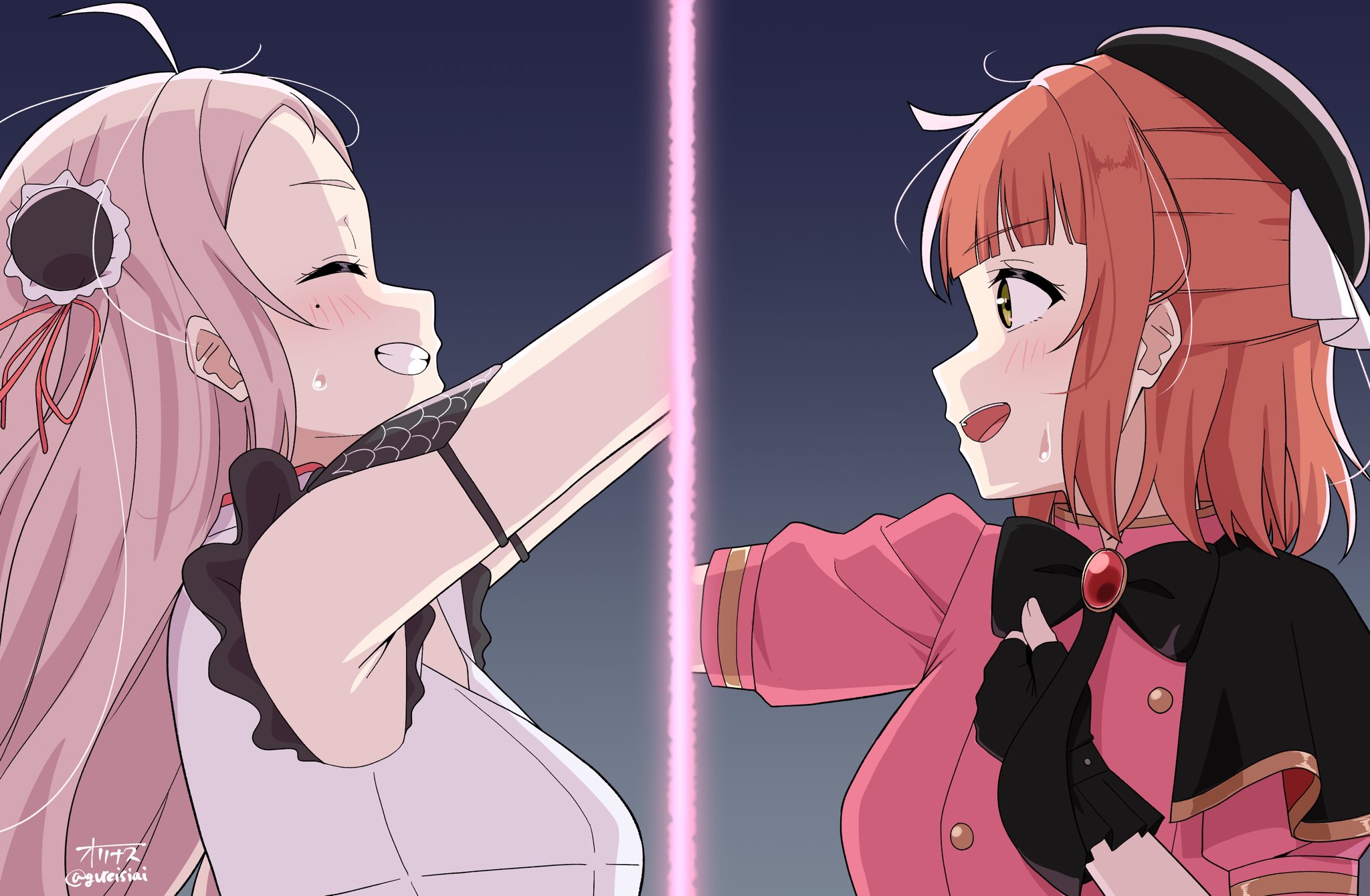 ohrinas, uehara ayumu, zhong lanzhu, love live!, love live! nijigasaki high school idol club, love live! nijigasaki high school idol club the movie – finale, commentary request, highres, 2girls, :d, ahoge, arms up, beret, black capelet, black gloves, black hat, blunt bangs, breasts, bun cover, buttons, capelet, double-breasted, double bun, dress, fingerless gloves, frilled gloves, frills, gloves, grin, hair bun, half updo, hat, jacket, large breasts, long hair, medium hair, mole, mole under eye, multiple girls, open mouth, orange hair, phoenix (love live!), pink hair, pink jacket, profile, short-sleeved jacket, short sleeves, side cape, sidelocks, signature, sleeveless, sleeveless dress, smile, stellar stream (love live!), sweatdrop, teeth, twitter username, two side up, upper teeth only, white dress
