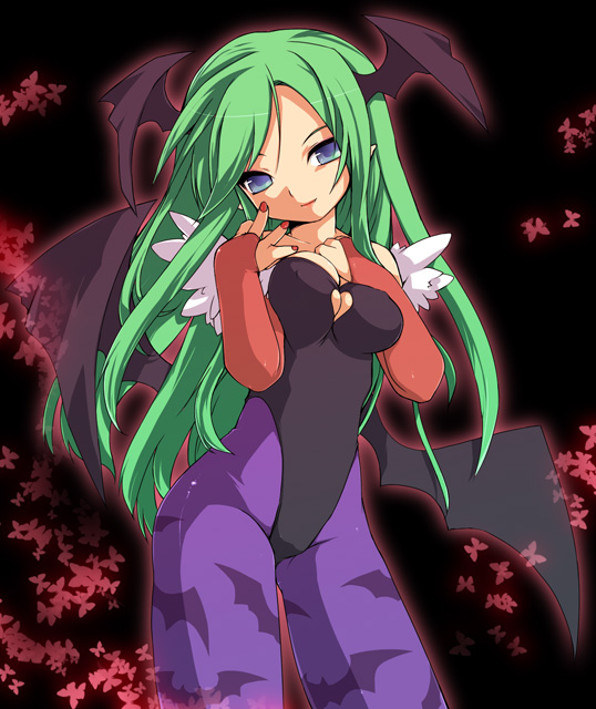 kamiyoshi rika, morrigan aensland, capcom, darkstalkers, 1girl, animal print, bat print, demon girl, female focus, head tilt, head wings, leotard, pantyhose, print pantyhose, solo, vampire, wings
