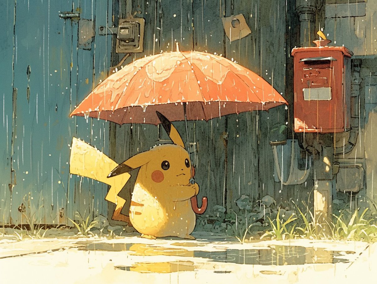 tarte (hodarake), pikachu, nintendo, pokemon, commentary, english commentary, closed mouth, dot nose, flower, gen 1 pokemon, grass, holding, holding umbrella, mailbox (incoming mail), no humans, outdoors, pokemon (creature), puddle, rain, shadow, solo, standing, tail, umbrella