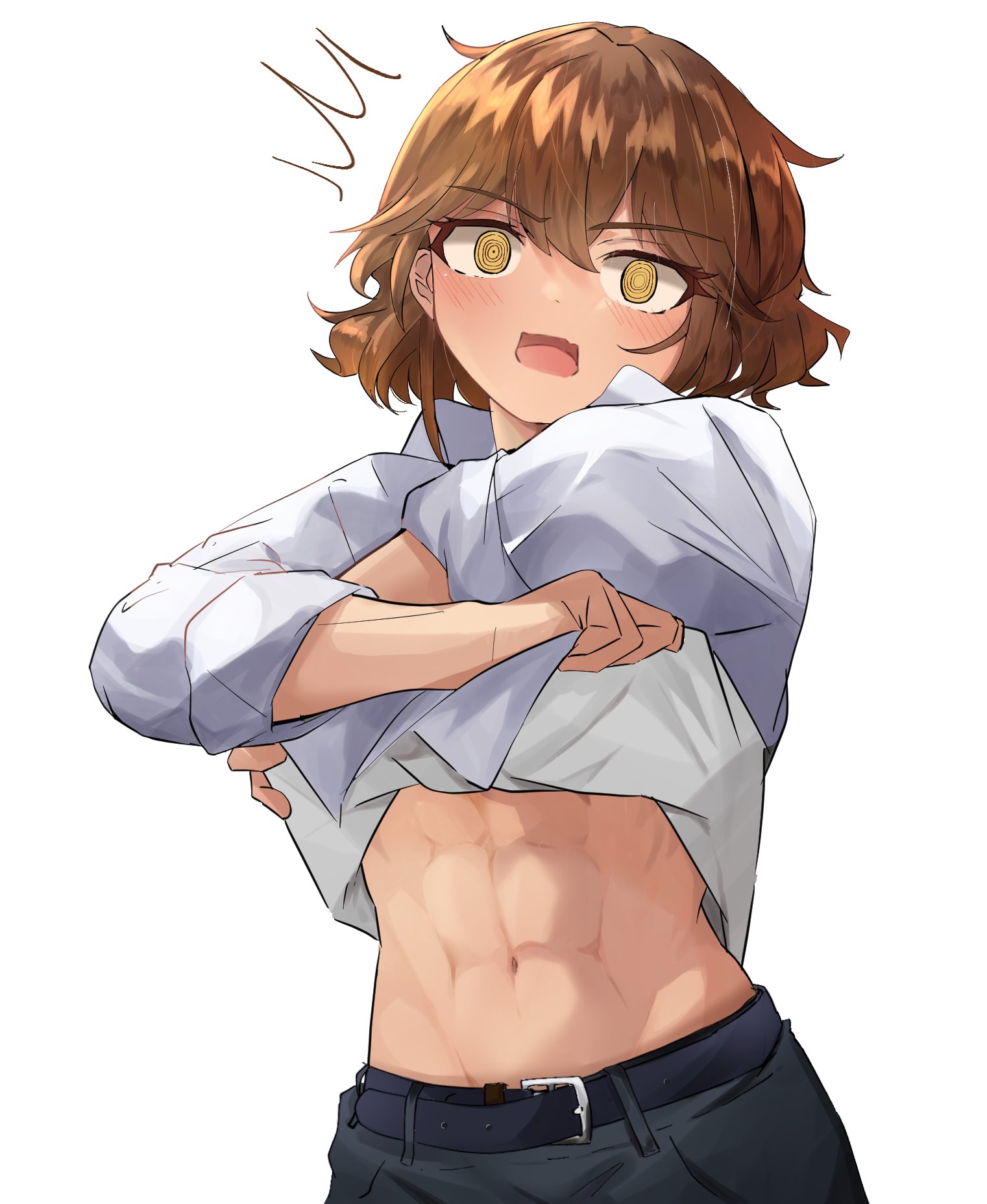 imouto (qq71nd95mgt50a1), original, highres, 1girl, @ @, abs, belt, blush, brown hair, clothes lift, embarrassed, navel, open mouth, pants, shirt, shirt lift, short hair, simple background, solo, surprised, toned, toned female, undressing, white shirt