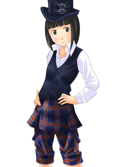 toshifumi, nijou noriko, maria-sama ga miteru, 00s, 1girl, black hair, blunt bangs, brown eyes, female focus, hands on own hips, hat, solo
