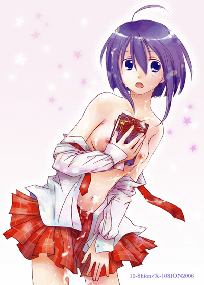 10-shion, miyazaki nodoka, mahou sensei negima!, 00s, 1girl, bare shoulders, between breasts, blue eyes, book, breasts, cum, female focus, medium breasts, open clothes, open shirt, plaid clothes, plaid skirt, purple hair, shirt, skirt, solo