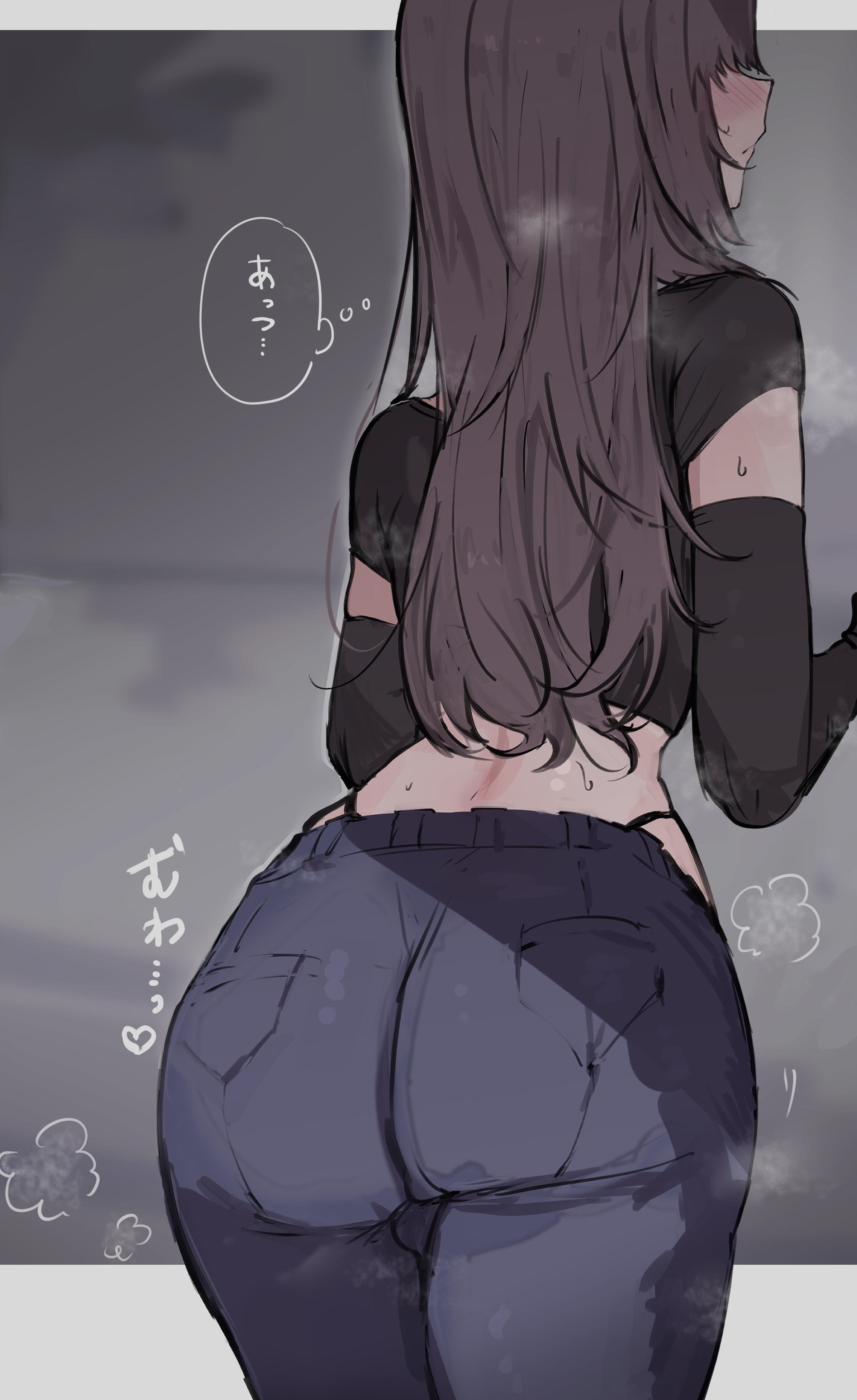 imamiya pinoko, ayase ayato (imamiya pinoko), original, absurdres, highres, translated, 1boy, arm warmers, ass, brown hair, denim, jeans, long hair, midriff, panties, pants, panty peek, solo, sweat, trap, underwear, visible air