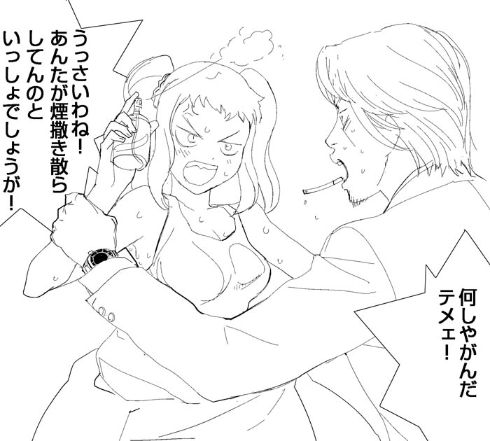 a1 (initial-g), takatsuki yayoi, idolmaster, idolmaster xenoglossia, 00s, 1boy, 1girl, angry, blush, closed eyes, dress, formal clothes, greyscale, holding another's wrist, long sleeves, monochrome, open mouth, simple background, suit, sweatdrop, twintails, white background, wince
