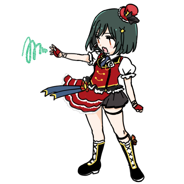 shinanoya (satanicad), mifune shioriko, yuki setsuna, love live!, love live! nijigasaki high school idol club, commentary, 1girl, black boots, black necktie, black shirt, blush stickers, boots, buttons, chase! (love live!), collared shirt, cosplay, double-breasted, fang, fingerless gloves, full body, gloves, green hair, hat, jacket, knee boots, mini hat, mini top hat, miniskirt, necktie, open mouth, overskirt, pleated skirt, puffy short sleeves, puffy sleeves, red eyes, red gloves, red hat, red jacket, red skirt, shirt, short hair, short sleeves, simple background, skin fang, skirt, solo, squiggle, thigh strap, tilted headwear, top hat, white background, white shirt, yuki setsuna (cosplay)