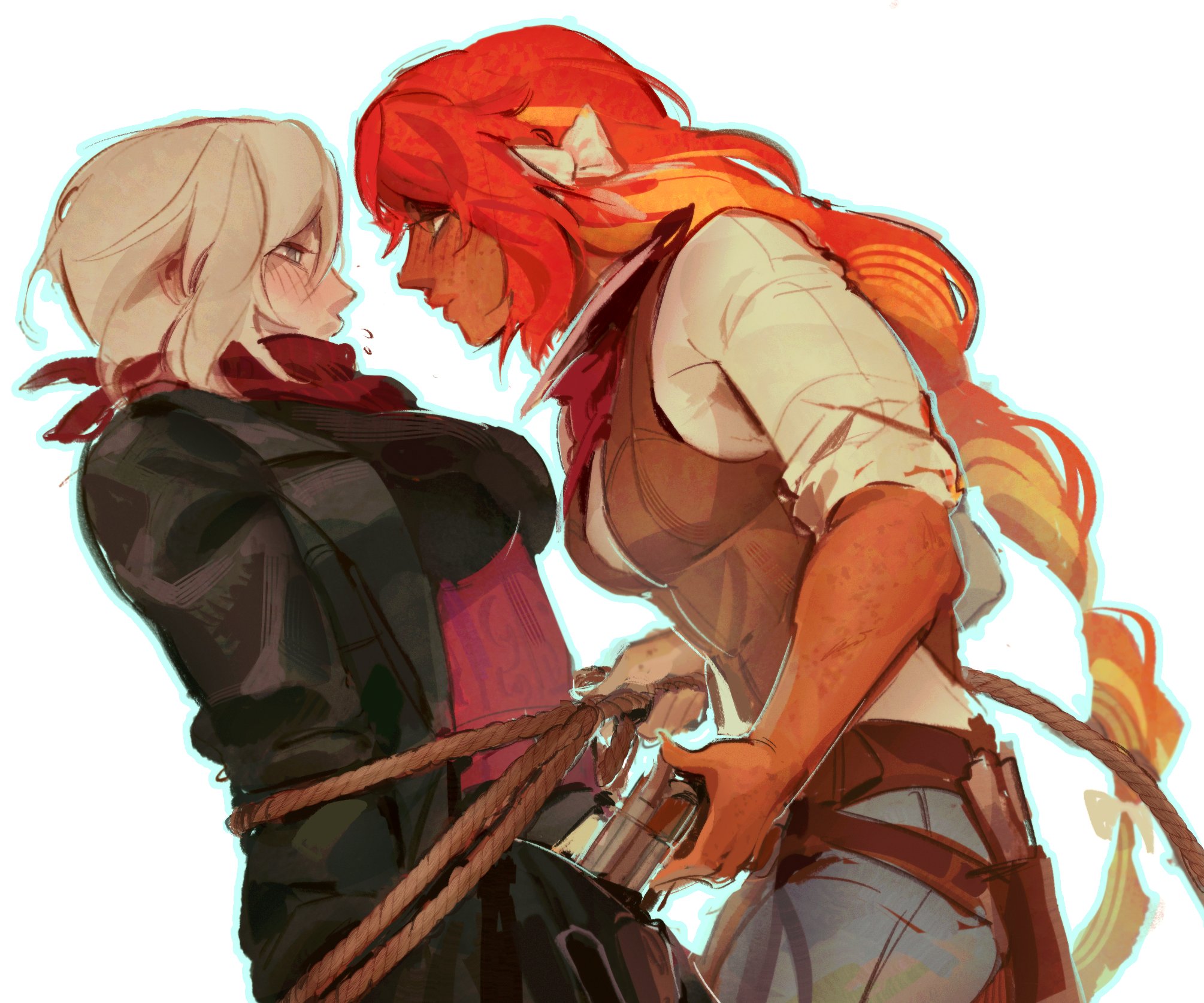 2400db, faust (project moon), ishmael (project moon), limbus company, project moon, highres, 2girls, alternate skin color, alternate universe, arms at sides, bandana, belt, black bra, black coat, black pants, blonde hair, blush, bound, bound arms, bra, bright pupils, brown vest, coat, corset, dark-skinned female, dark skin, freckles, grey eyes, gun, gunbelt, handgun, holding, holding gun, holding weapon, holster, interracial, long hair, looking at another, medium hair, multicolored hair, multiple girls, open mouth, orange hair, pants, red bandana, red corset, red hair, revolver, rope, shirt, simple background, two-tone hair, underwear, vest, weapon, white background, white pupils, white shirt, yuri