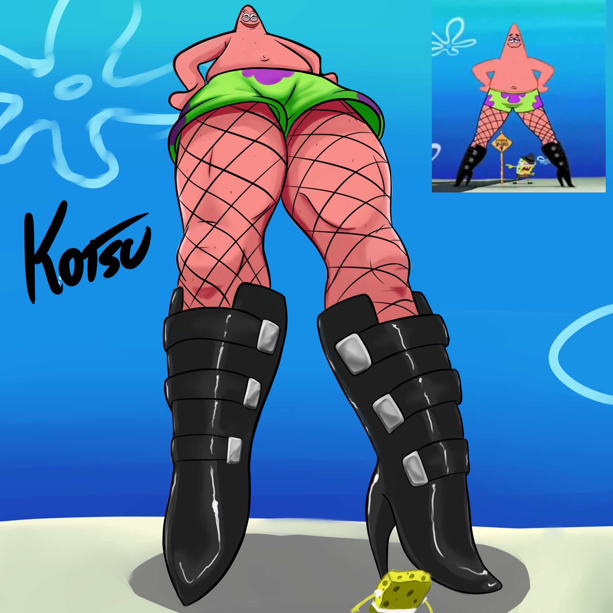 patrick star, spongebob squarepants, nickelodeon, spongebob squarepants (series), derivative work, highres, screenshot redraw, 2boys, black boots, boots, colored skin, crossdressing, crossdressing (mtf), english text, fishnet pantyhose, fishnets, from below, giant, green male swimwear, hands on own hips, high heel boots, high heels, idlepotoo, knee boots, male swimwear, meme, multiple boys, navel, pantyhose, pink skin, reference inset, signature, sponge, starfish, swim trunks, toon (style)