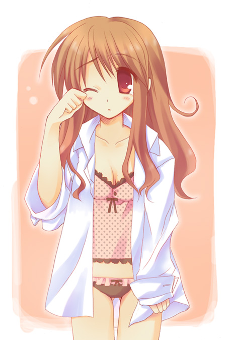 pokopi, asahina mikuru, suzumiya haruhi no yuuutsu, 00s, 1girl, breasts, camisole, female focus, lingerie, mole, mole on breast, open clothes, open shirt, panties, shirt, sleepy, solo, underwear