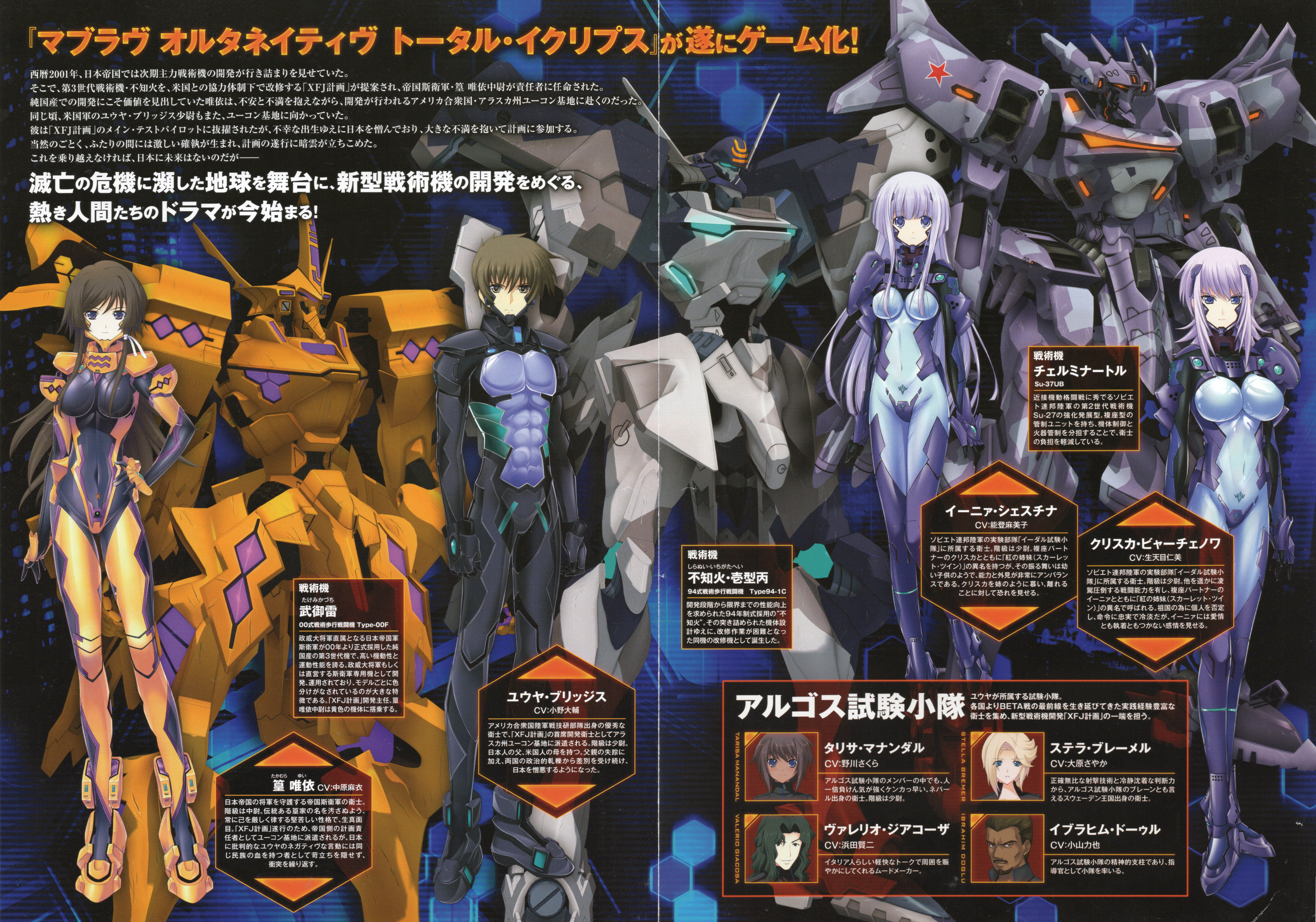 utsugi ryou, cryska barchenowa, takamura yui, yuuya bridges, muv-luv, muv-luv alternative, muv-luv total eclipse, absurdres, highres, non-web source, 3girls, armored bodysuit, black bodysuit, blue bodysuit, blue eyes, bodysuit, breasts, brown hair, covered erect nipples, covered navel, fortified suit, headgear, impossible bodysuit, impossible clothes, large breasts, long hair, looking at viewer, mecha, mecha pilot suit, multicolored bodysuit, multiple girls, ponytail, purple bodysuit, purple hair, robot, salute, shiny clothes, skin tight, solo, standing, very long hair