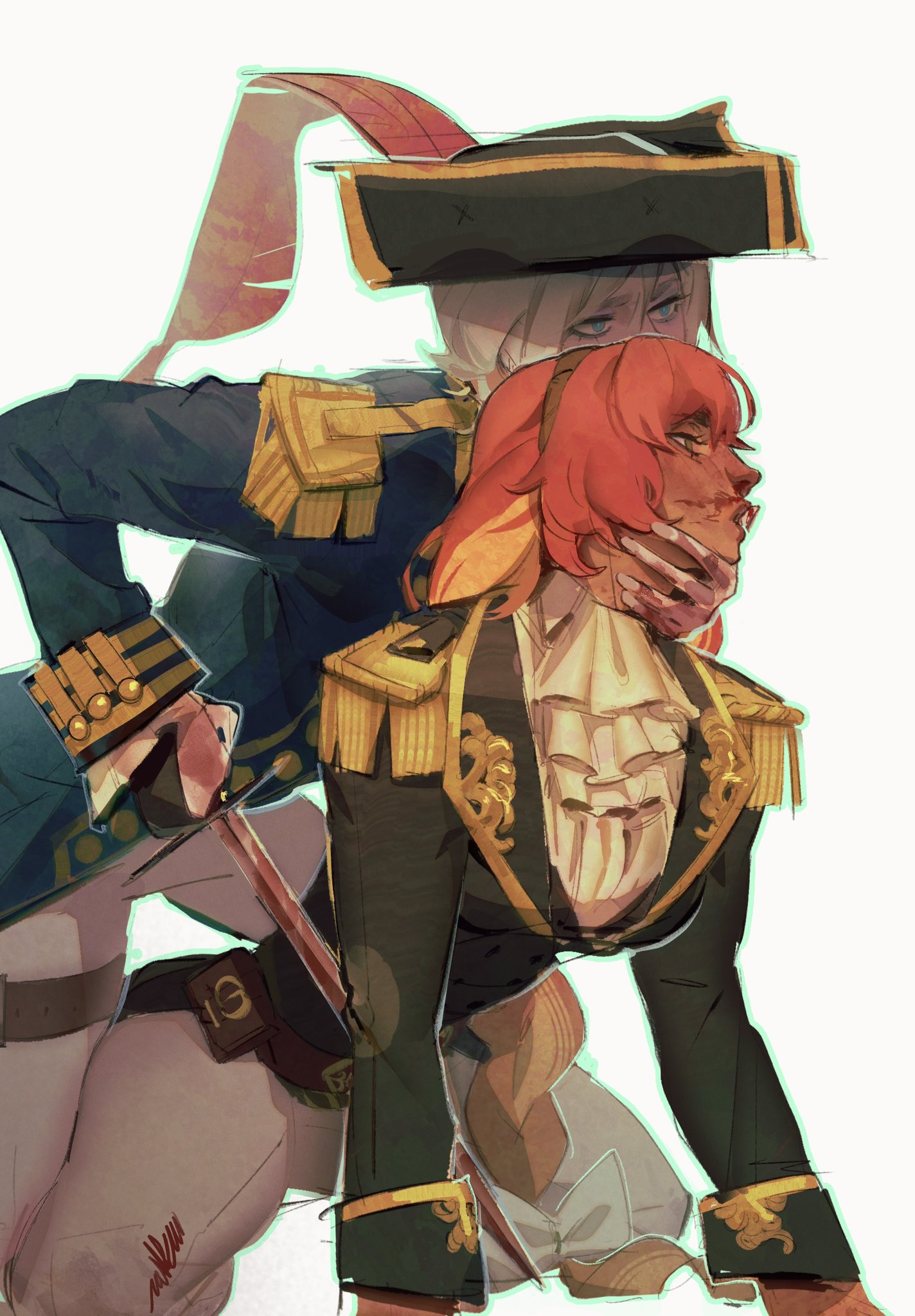 2400db, faust (project moon), ishmael (project moon), limbus company, project moon, highres, 2girls, alternate skin color, alternate universe, ascot, black hat, blonde hair, blood, blood on face, bloody weapon, blue eyes, blue jacket, blush, dark-skinned female, dark skin, epaulettes, feet out of frame, finger in another's mouth, hairband, hand on another's face, hand on another's neck, hat, holding, holding sword, holding weapon, jacket, kneeling, medium hair, multicolored hair, multiple girls, orange hair, pants, red hair, simple background, streaked hair, sword, tricorne, weapon, white ascot, white background, white pants, yuri