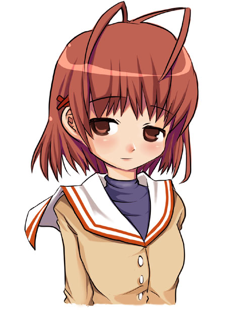 sasago kaze, furukawa nagisa, clannad, 00s, 1girl, antenna hair, blazer, brown eyes, brown hair, buttons, female focus, jacket, long sleeves, looking at viewer, portrait, short hair, simple background, solo, upper body, white background