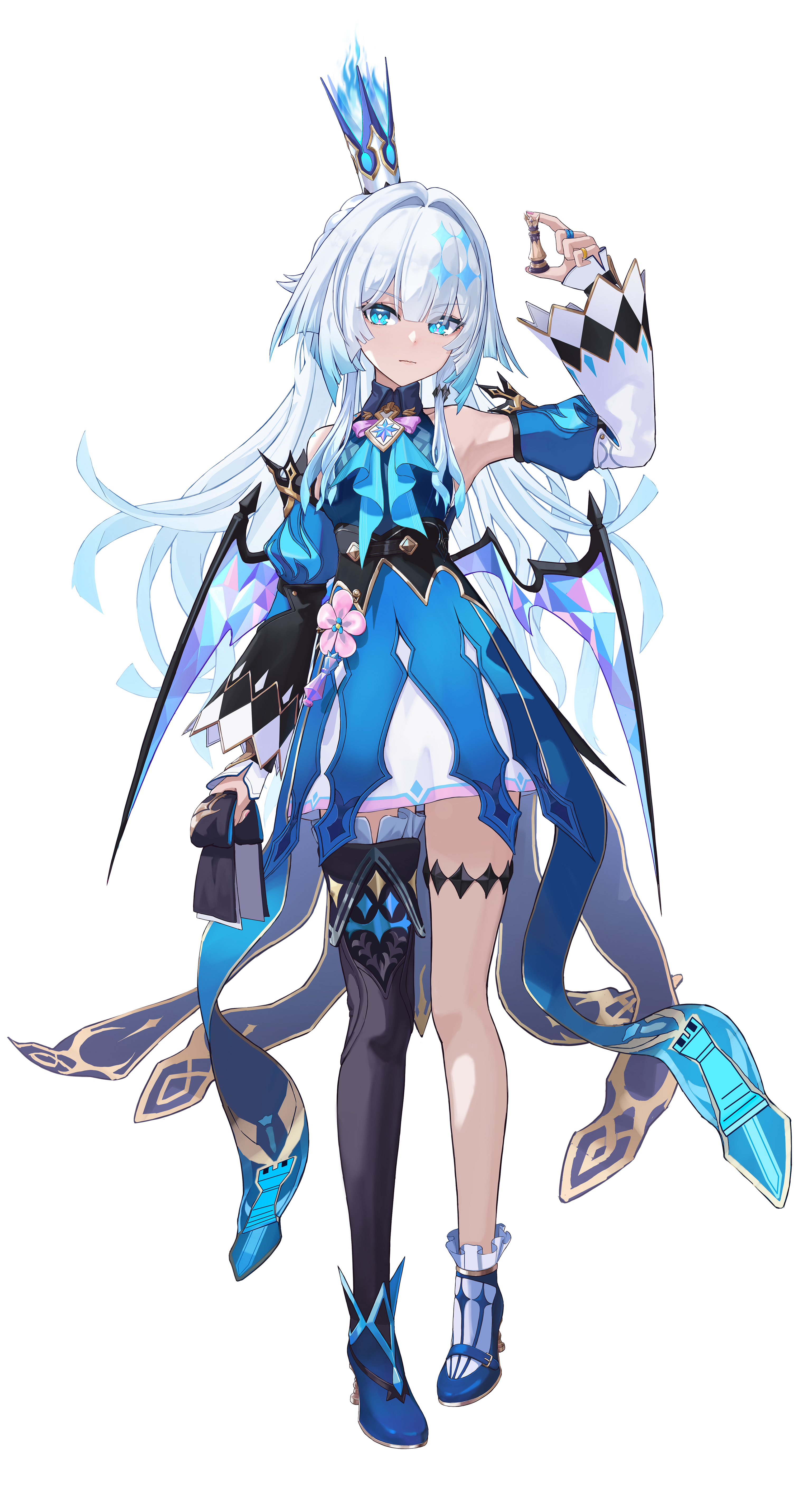 kabuto tong, cerydra (honkai: star rail), honkai: star rail, honkai (series), absurdres, commentary request, highres, 1girl, armpits, black thighhighs, blue dress, blue eyes, blue hair, breasts, chess piece, crown, detached sleeves, dress, full body, hair intakes, high heels, holding, holding chess piece, long hair, queen (chess), single thighhigh, small breasts, solo, tachi-e, thighhighs, very long hair, wings